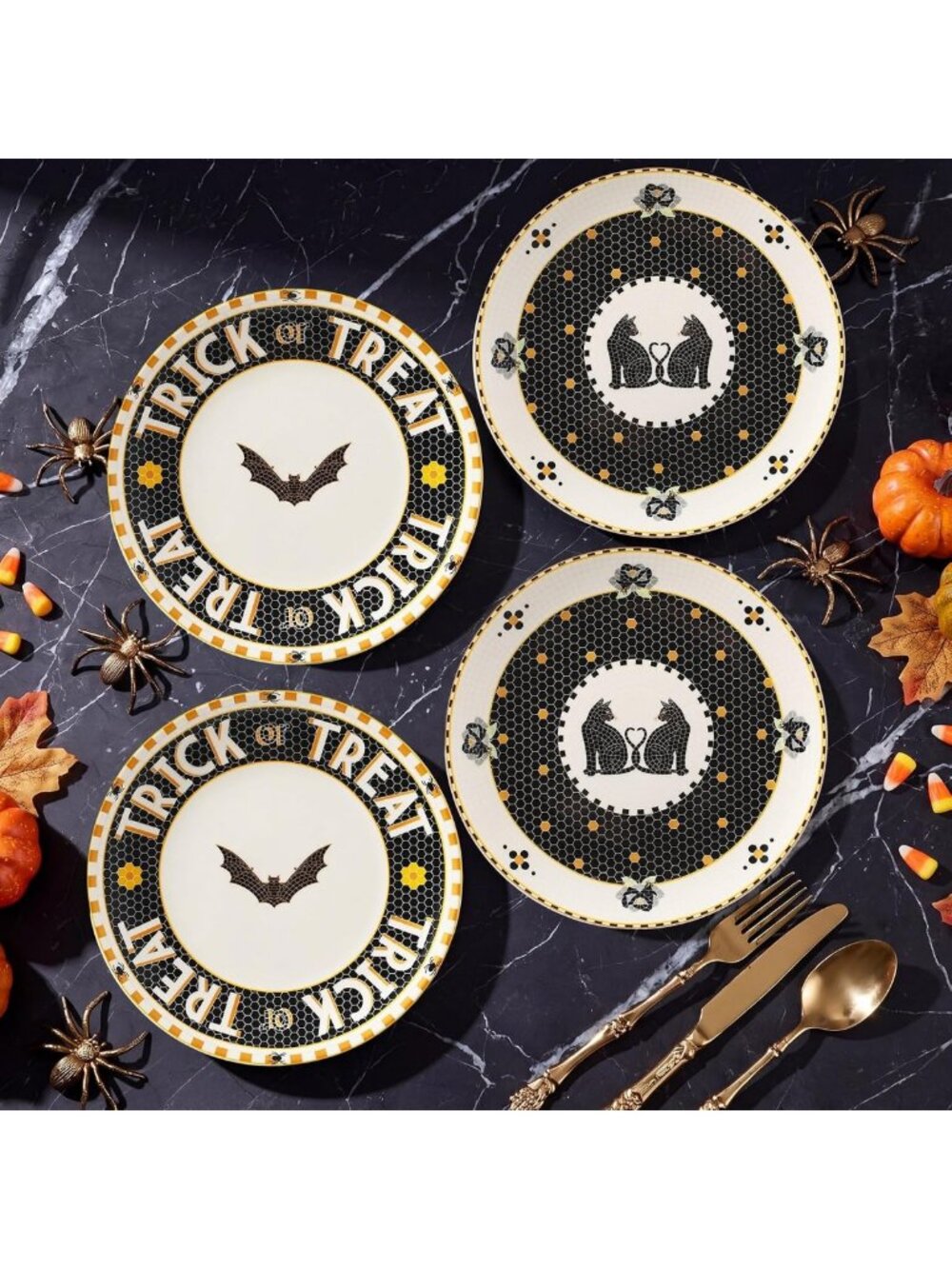 Set of 4 Ceramic Halloween Dessert Plates with 24k Gold Accents - Tile Stoneware
